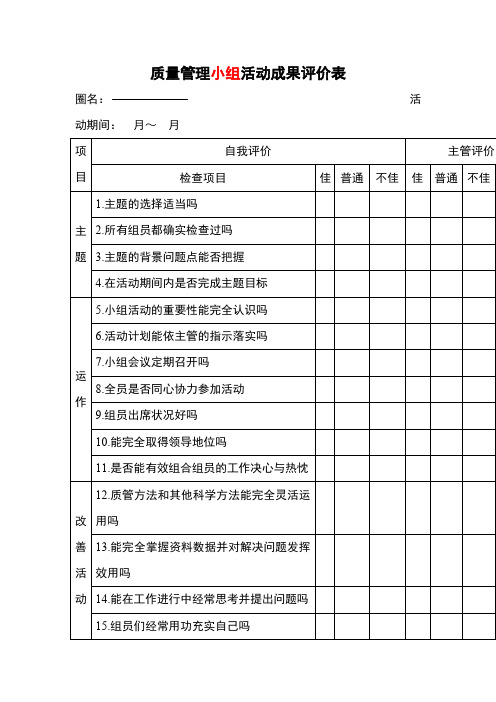 质量管理小组活动成果评价表