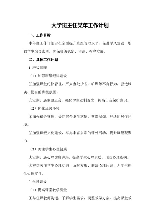 大学班主任某年工作计划