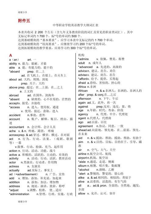 中等职业学校英语教学大纲词汇表.doc