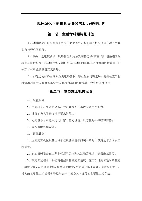 园林绿化主要机具设备和劳动力安排计划