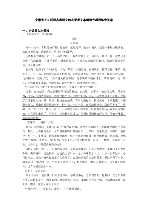 安徽省A10联盟高考语文的小说类文本阅读专项训练含答案