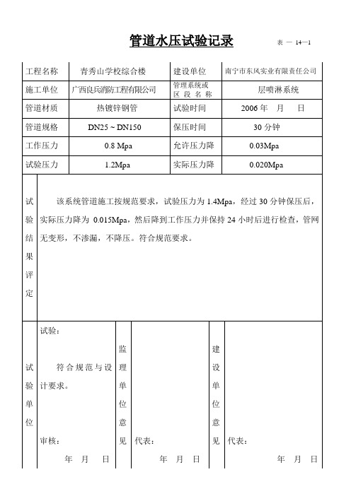 消防工程管道水压试验、清洗等记录