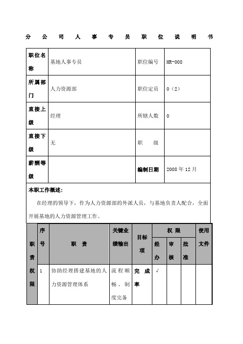 某航空物流公司分公司人事专员职位说明书及关键绩效标准