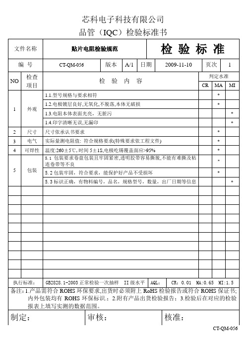 贴片电阻检验标准