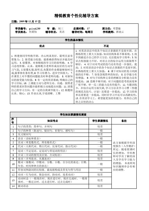 学员个性化辅导方案初三何莉怡