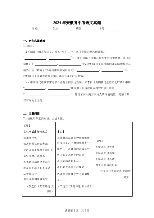 【中考真题】2024年安徽省中考语文试卷(附答案)