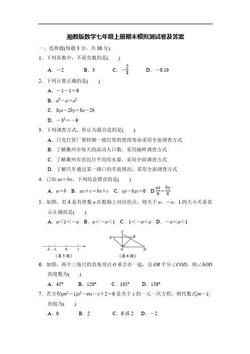 湘教版数学七年级上册期末模拟测试卷及参考答案