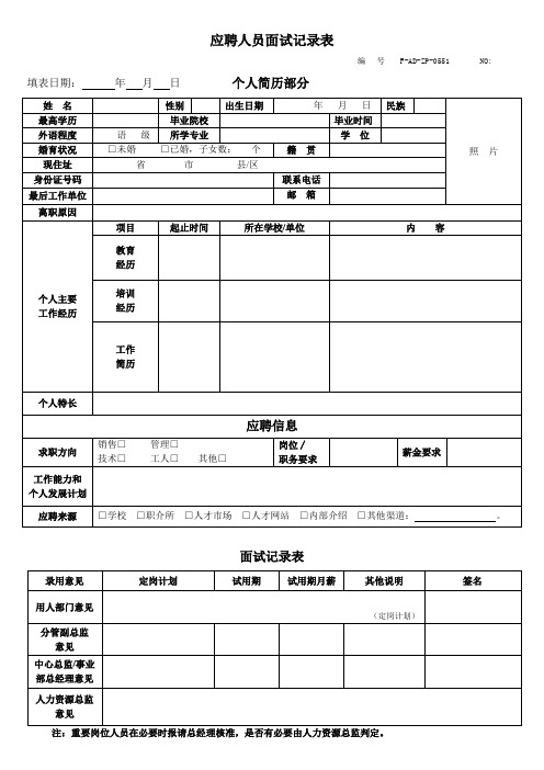 应聘人员面试复试表