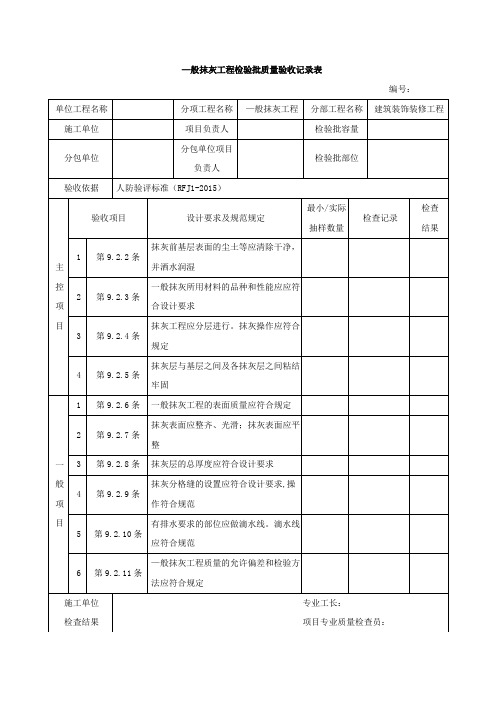 人防—般抹灰工程检验批质量验收记录表