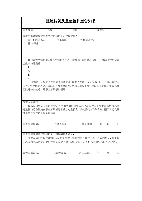 拒绝转院及重症监护室告知书