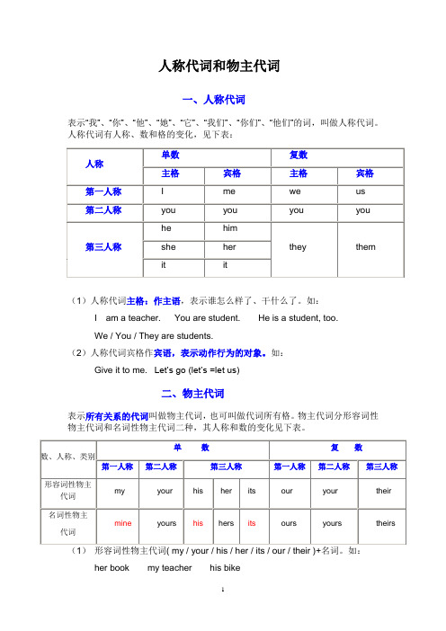 英语人称代词和物主代词的表格及练习题经典