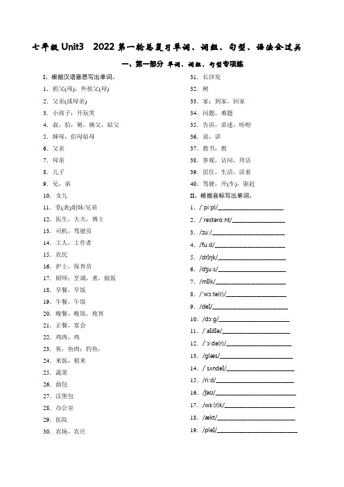 03七年级上册Unit3-2022年中考英语总复习单词短语句型语法全过关