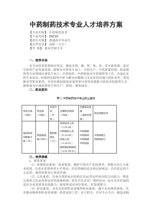 中药制药技术专业人才培养方案