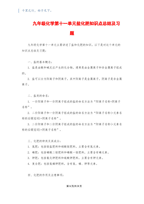 九年级化学第十一单元盐化肥知识点总结及习题