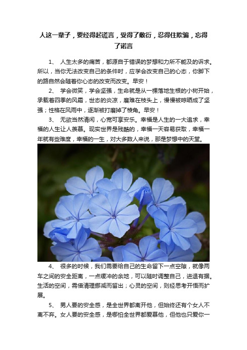 人这一辈子，要经得起谎言，受得了敷衍，忍得住欺骗，忘得了诺言