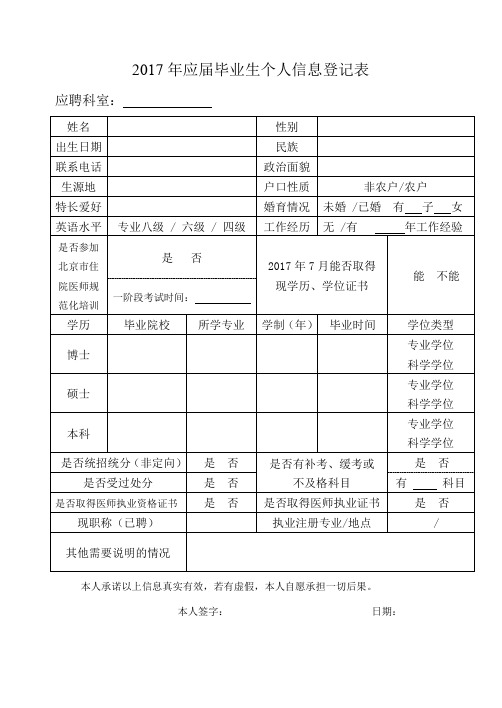 2017年应届毕业生个人信息登记表