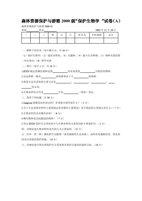 森林资源保护与游憩2000级试卷