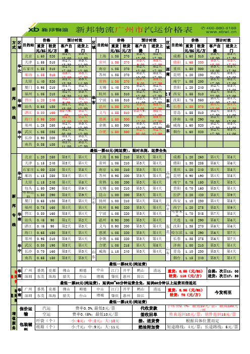 新邦物流报价表