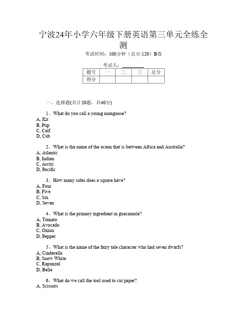 宁波24年小学六年级下册U卷英语第三单元全练全测