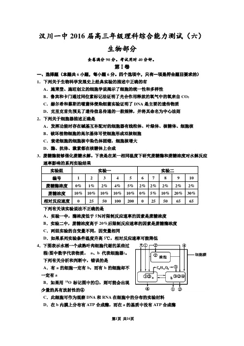 湖北省汉川一中2016届高三年级理科综合能力测试(六)