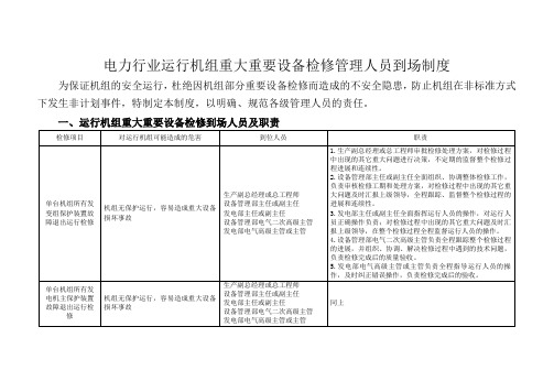 电力行业运行机组重大重要设备检修管理人员到场制度