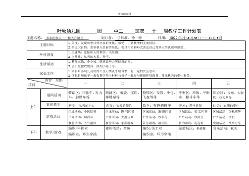 叶秋幼儿园园中二班第十周教学工作计划表