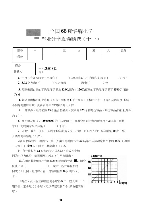 全国68所名牌小学毕业升学真卷精选十一含答案