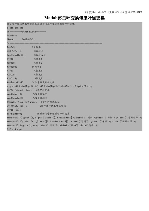 (完整)Matlab傅里叶变换傅里叶逆变换-FFT-IFFT