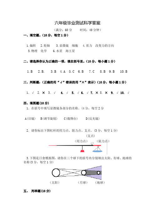 六年级科学会考试题答案