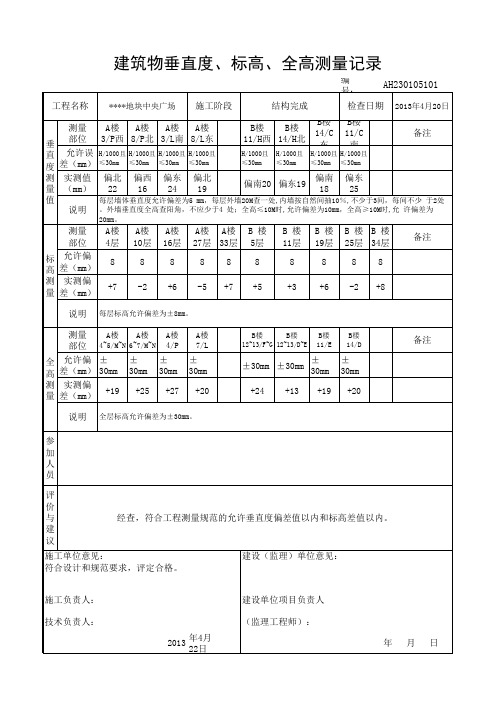 建筑物垂直度、标高、全高测量记录