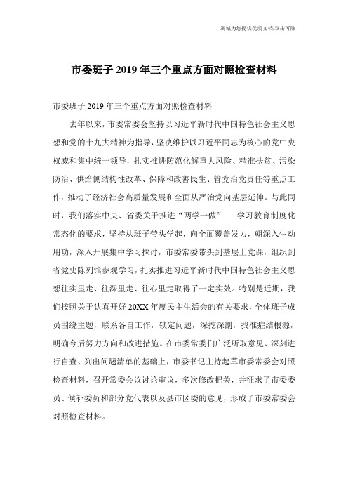 市委班子2019年三个重点方面对照检查材料