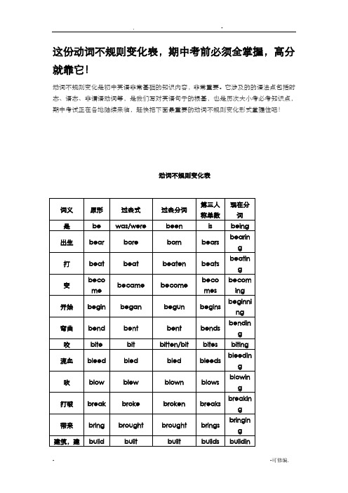 动词不规则变化表