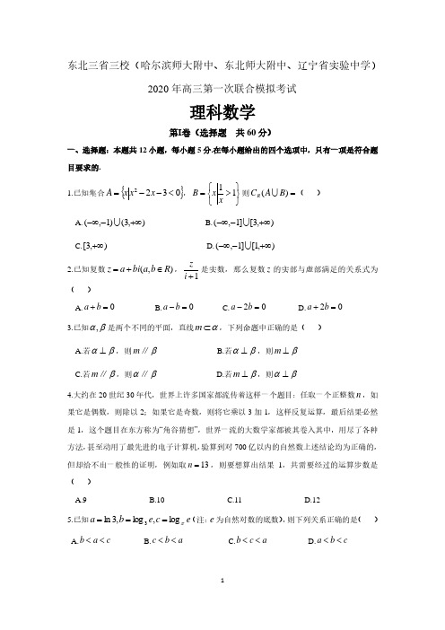 东北三省三校(哈师大附中、东北师大附中、辽宁实验中学)2020年高三第一次联合模拟考试理数学 含评分细则