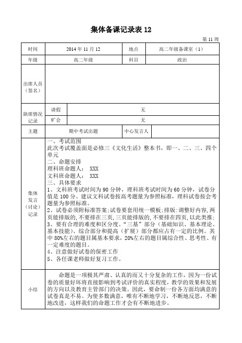 2014-2015学年度第一学期高二政治组集体备课记录表12