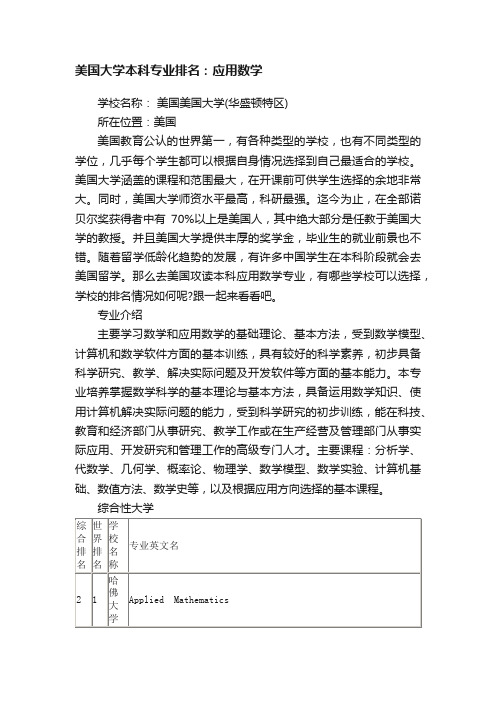 美国大学本科专业排名：应用数学