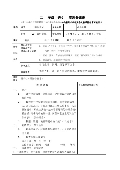 部编版语文二年级上册《狐假虎威》备课表