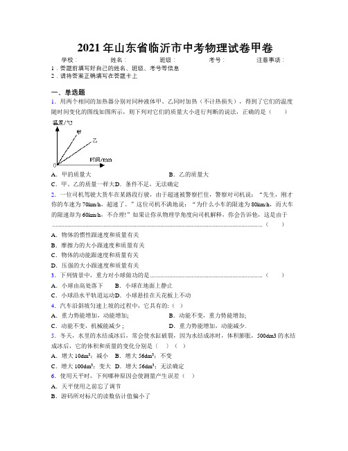 2021年山东省临沂市中考物理试卷甲卷及解析