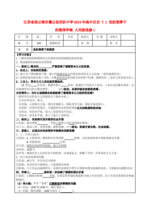 江苏省连云港市灌云县四队中学高中历史 7.1 危机笼罩下的俄国学案 人民版选修1