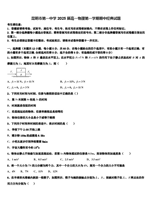 昆明市第一中学2025届高一物理第一学期期中经典试题含解析