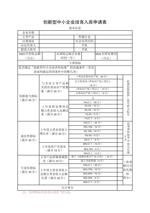 创新型中小企业培育入库申请表