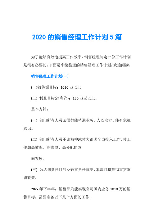 2020的销售经理工作计划5篇