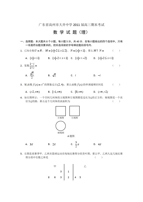 广东省高州市大井中学2011届高三期末考试(数学理)