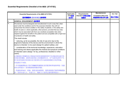 (完整word版)Essential Requirements Checklist of the MDD(07 47 EC)基本要求检查表(中英文)