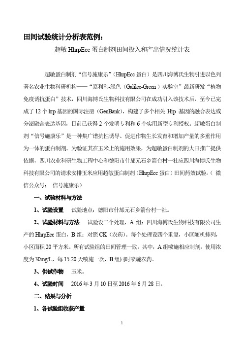 田间试验统计分析表范例：超敏HhrpEcc蛋白制剂田间投入和产出情况统计表