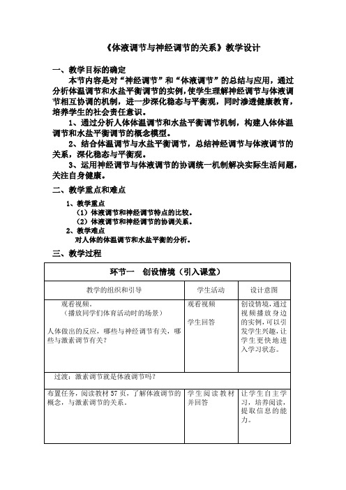 高中生物_体液调节与神经调节的关系教学设计学情分析教材分析课后反思