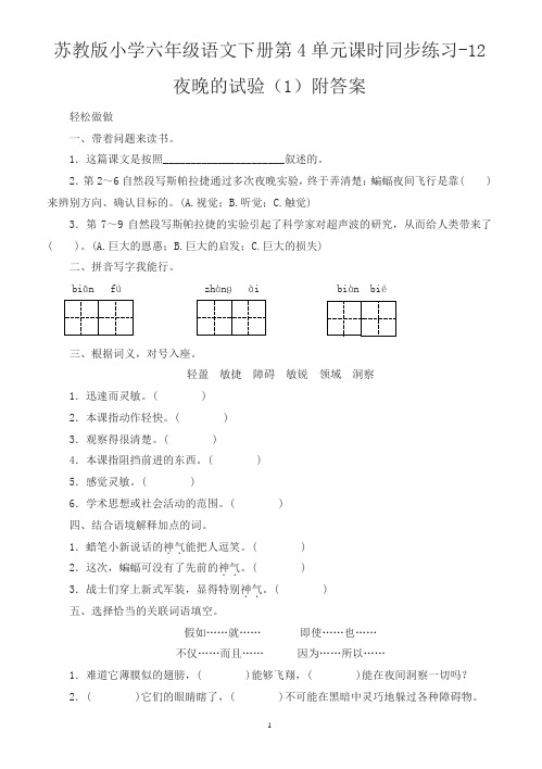 苏教版小学六年级语文下册第4单元课时同步练习-12夜晚的试验及答案