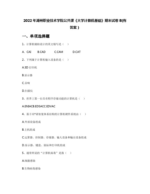 2022年湖州职业技术学院公共课《大学计算机基础》期末试卷B(有答案)