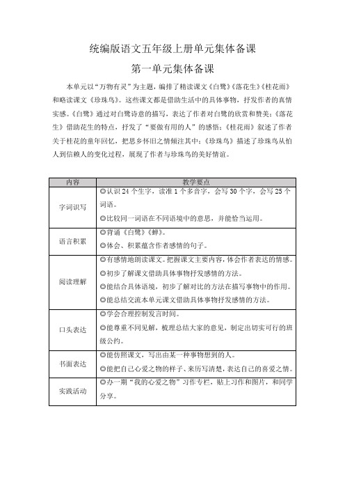 统编版小学语文五年级上册语文集体备课