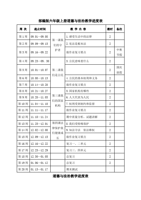 部编版六年级上册道德与法治教学进度表