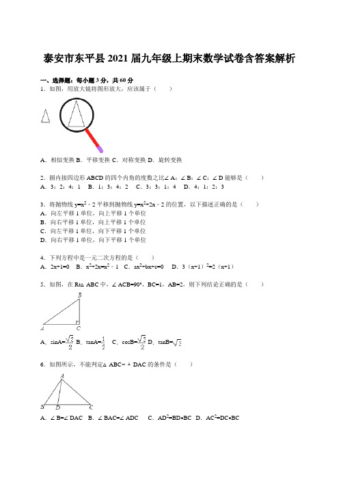 泰安市东平县2021届九年级上期末数学试卷含答案解析